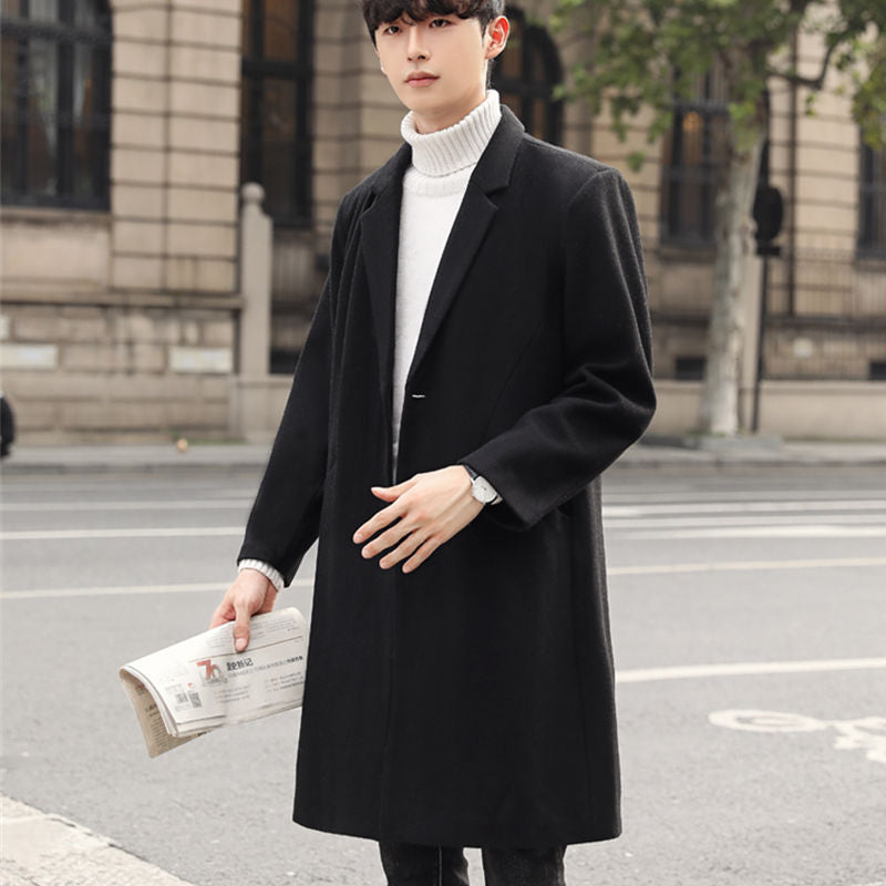 Men's Long Elegant Single-Breasted Wool Blend Coat with Classic Lapel Mune Fashion