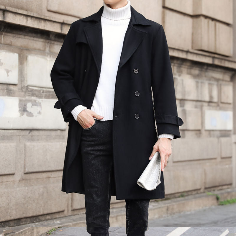 Men's Double-Breasted Wool Coat with Waist Belt and Classic Lapel Mune Fashion