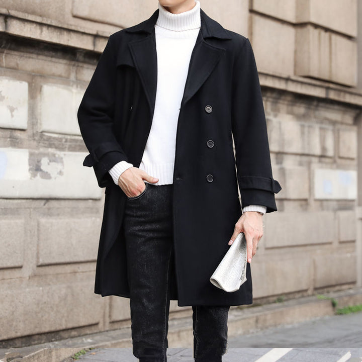 Men's Double-Breasted Wool Coat with Waist Belt and Classic Lapel Mune Fashion