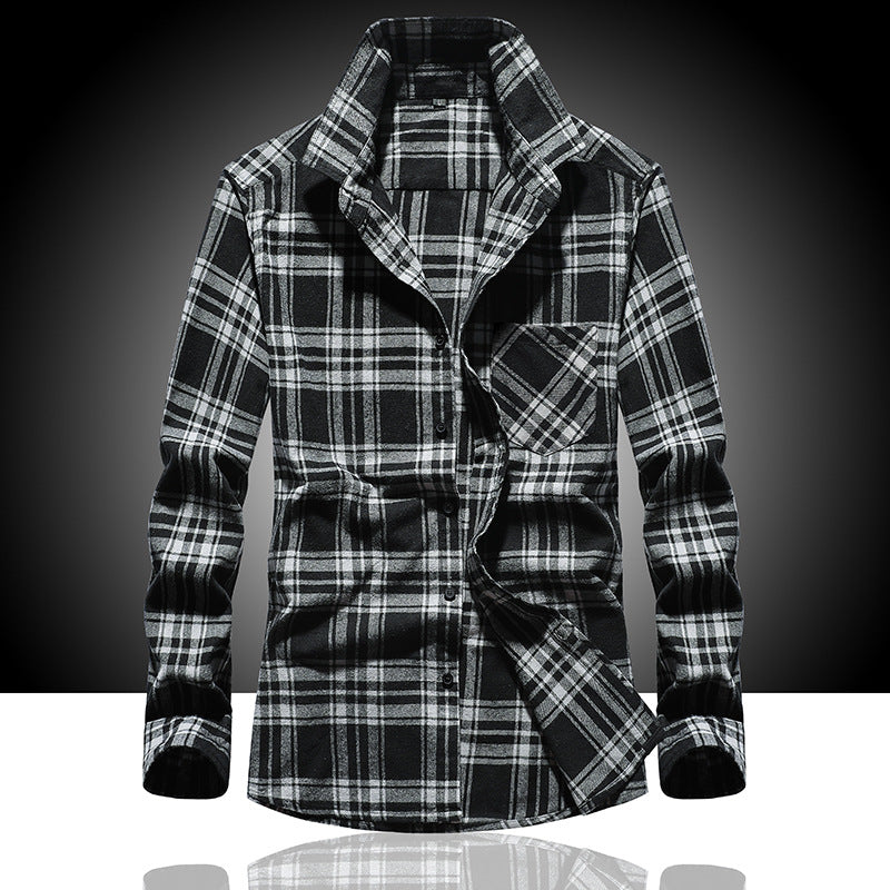 Men's Check Flannel Shirt Long Sleeve Cotton Blend with Chest Pocket and Kent Collar Mune Fashion