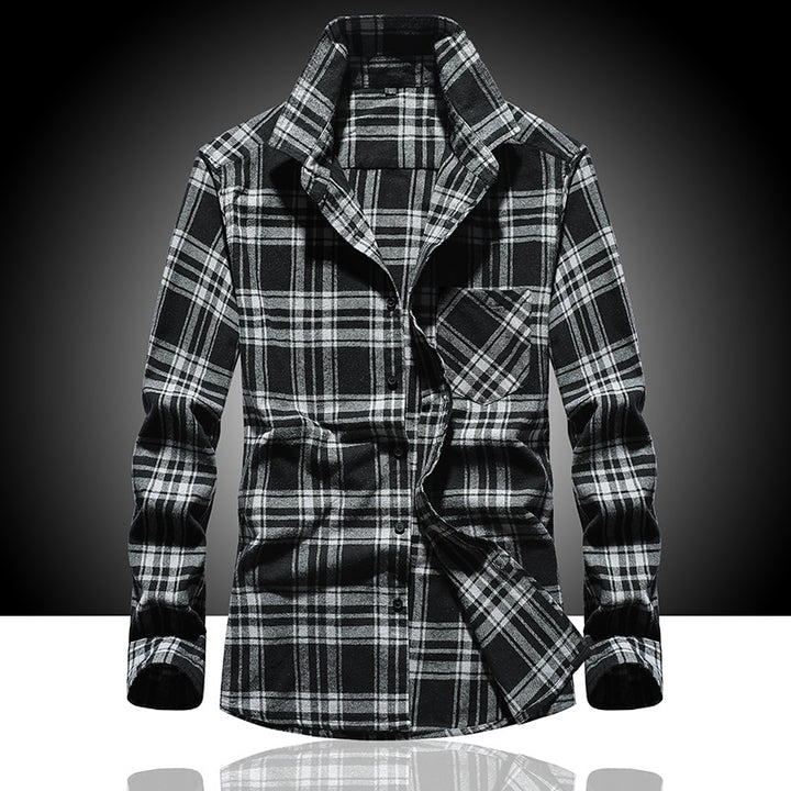 Men's Check Flannel Shirt Long Sleeve Cotton Blend with Chest Pocket and Kent Collar Mune Fashion