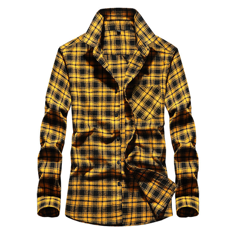 Men's Check Flannel Shirt Long Sleeve Cotton Blend with Chest Pocket and Kent Collar Mune Fashion