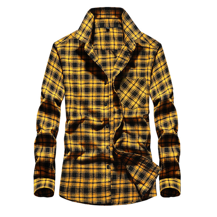 Men's Check Flannel Shirt Long Sleeve Cotton Blend with Chest Pocket and Kent Collar Mune Fashion