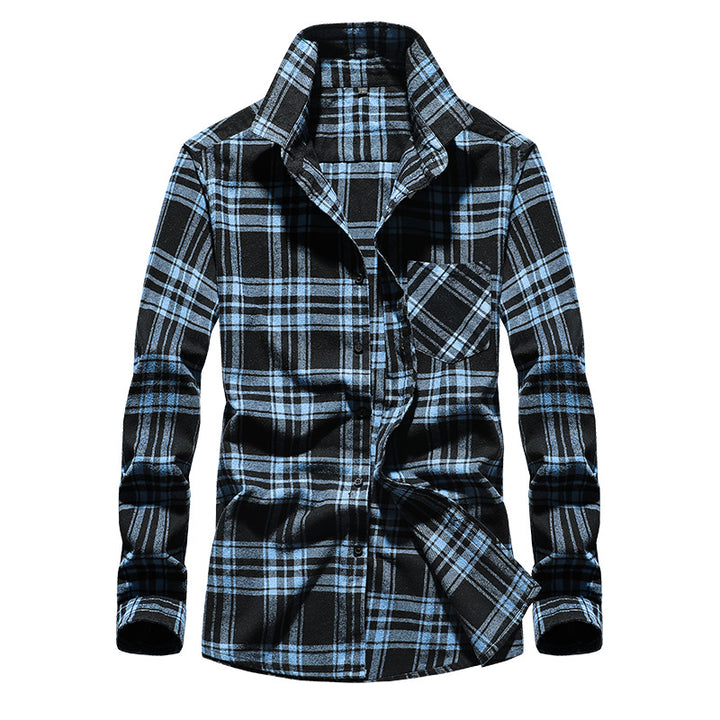Men's Check Flannel Shirt Long Sleeve Cotton Blend with Chest Pocket and Kent Collar Mune Fashion