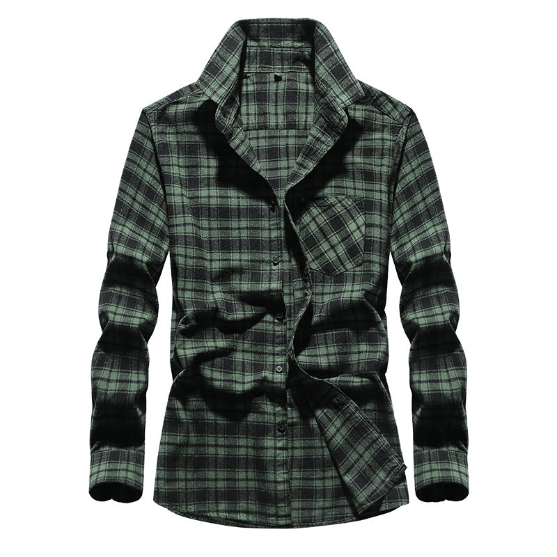 Men's Check Flannel Shirt Long Sleeve Cotton Blend with Chest Pocket and Kent Collar Mune Fashion