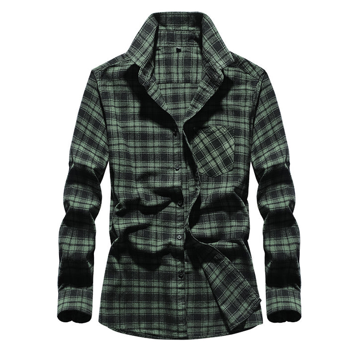 Men's Check Flannel Shirt Long Sleeve Cotton Blend with Chest Pocket and Kent Collar Mune Fashion