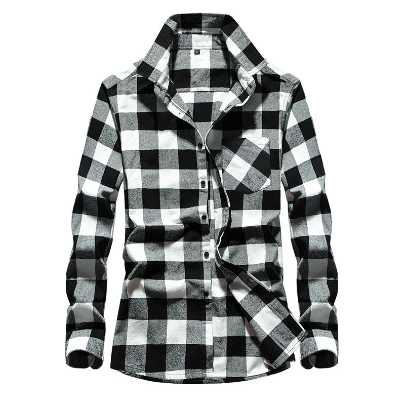 Men's Check Flannel Shirt Long Sleeve Cotton Blend with Chest Pocket and Kent Collar Mune Fashion