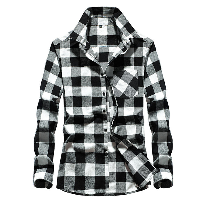 Men's Check Flannel Shirt Long Sleeve Cotton Blend with Chest Pocket and Kent Collar Mune Fashion