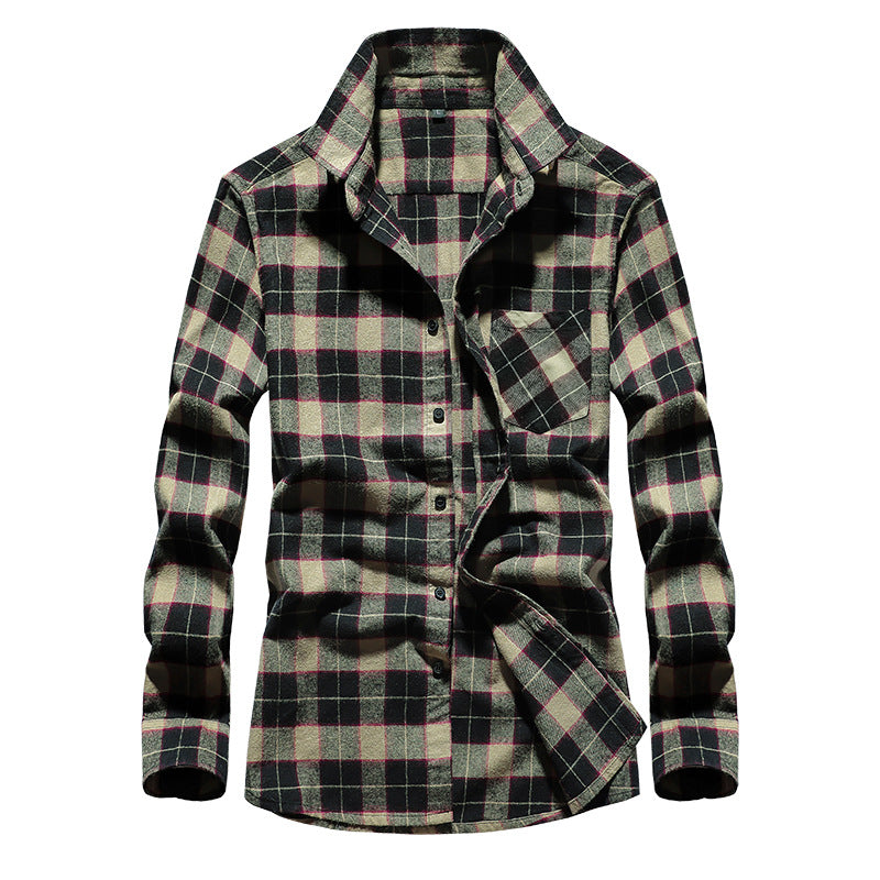 Men's Check Flannel Shirt Long Sleeve Cotton Blend with Chest Pocket and Kent Collar Mune Fashion