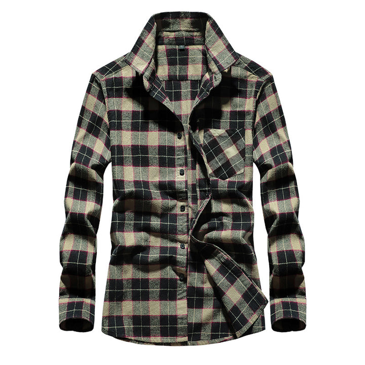 Men's Check Flannel Shirt Long Sleeve Cotton Blend with Chest Pocket and Kent Collar Mune Fashion