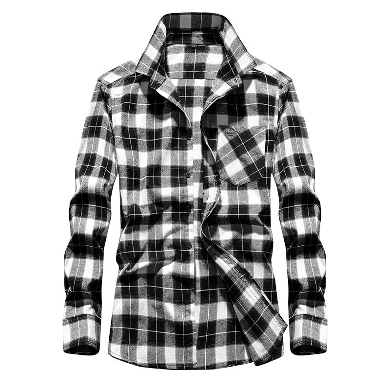 Men's Check Flannel Shirt Long Sleeve Cotton Blend with Chest Pocket and Kent Collar Mune Fashion
