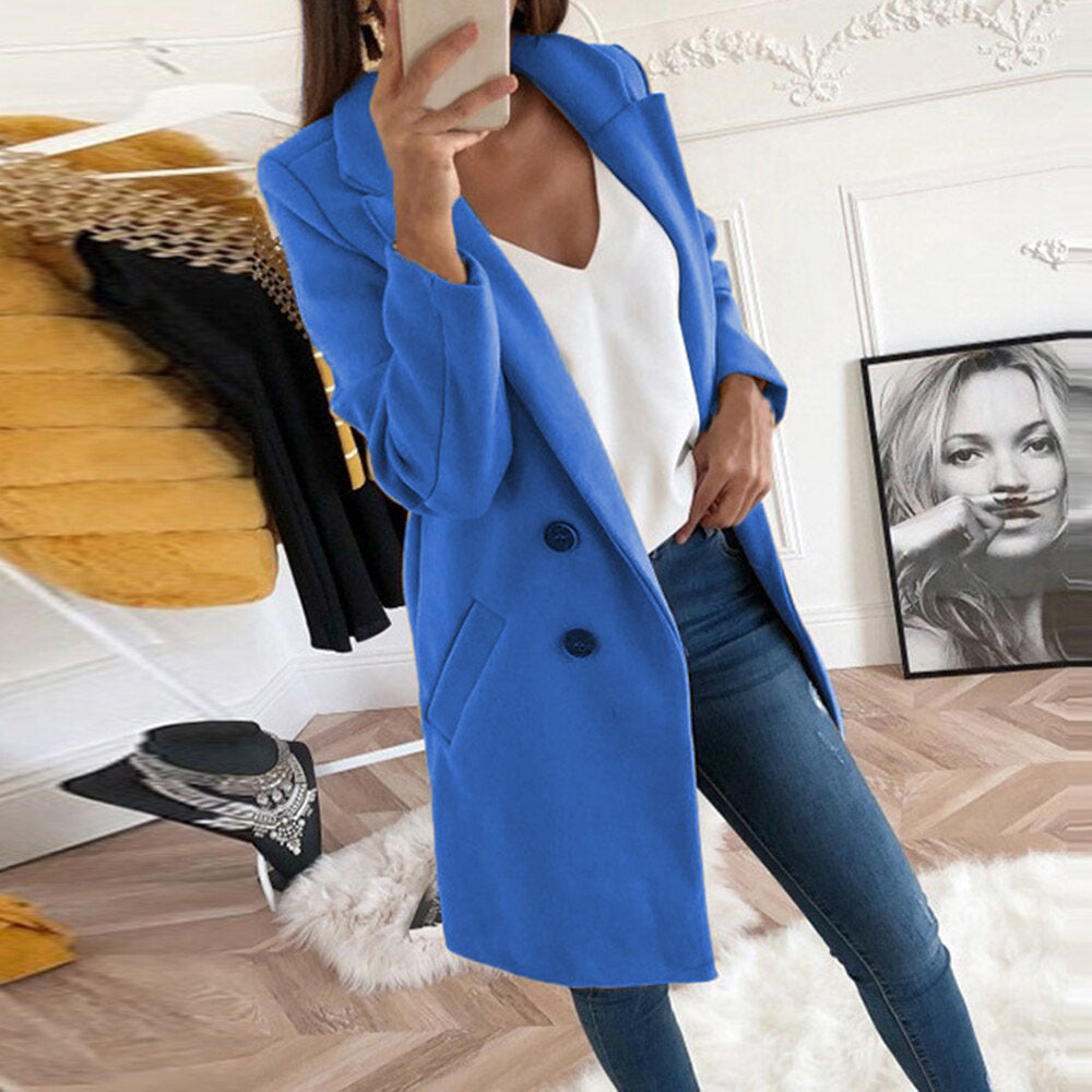 Women Longline Wool Blend Coat with Notched Collar, Double-Breasted Button Placket and Pockets Mune Fashion