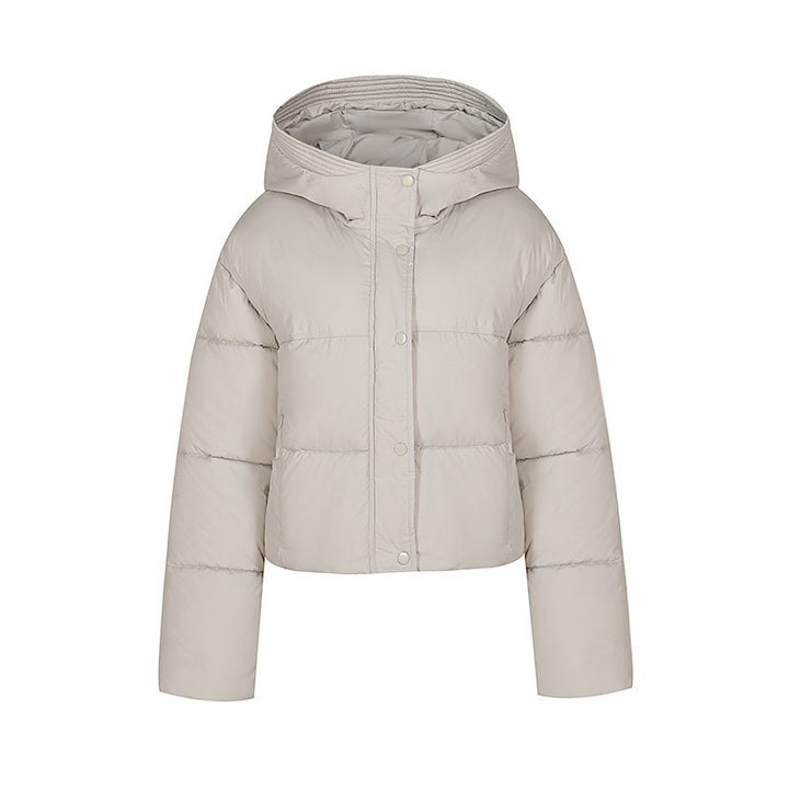 Short quilted jacket for women with stand-up collar and button placket