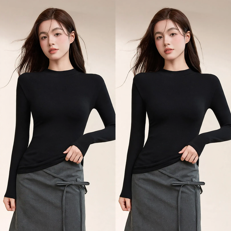 Women's long sleeve shirt made of cotton, stand-up collar, fitted