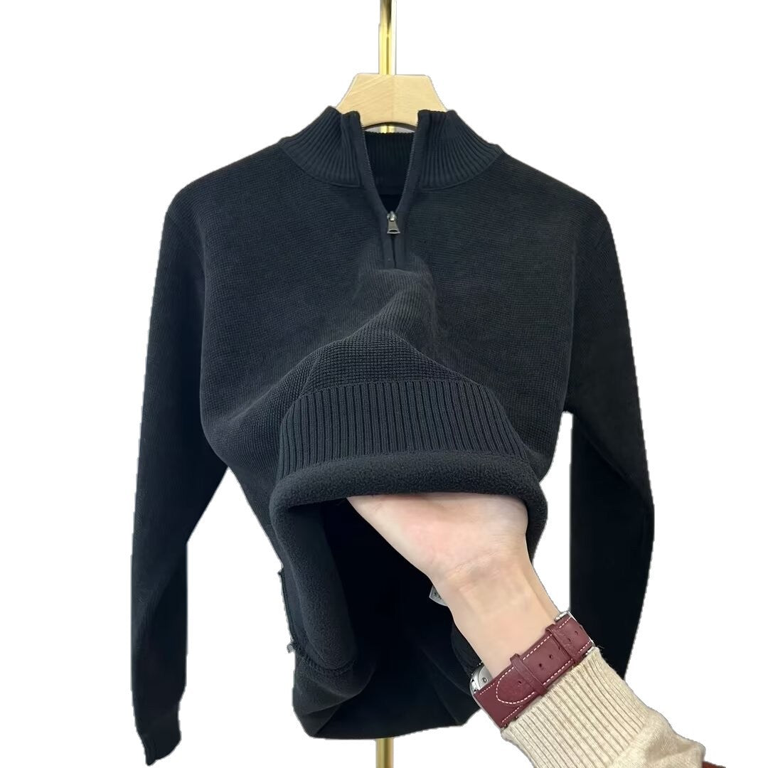 Warmer knit pullover with zipper and lining