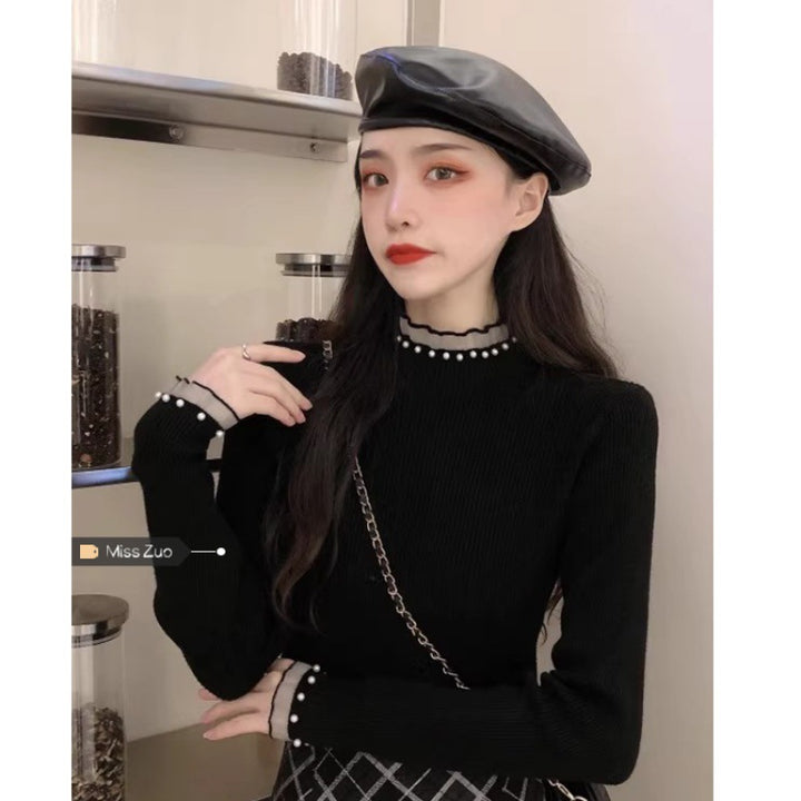 Ladies' knitted sweater with stand-up collar, lace and pearls