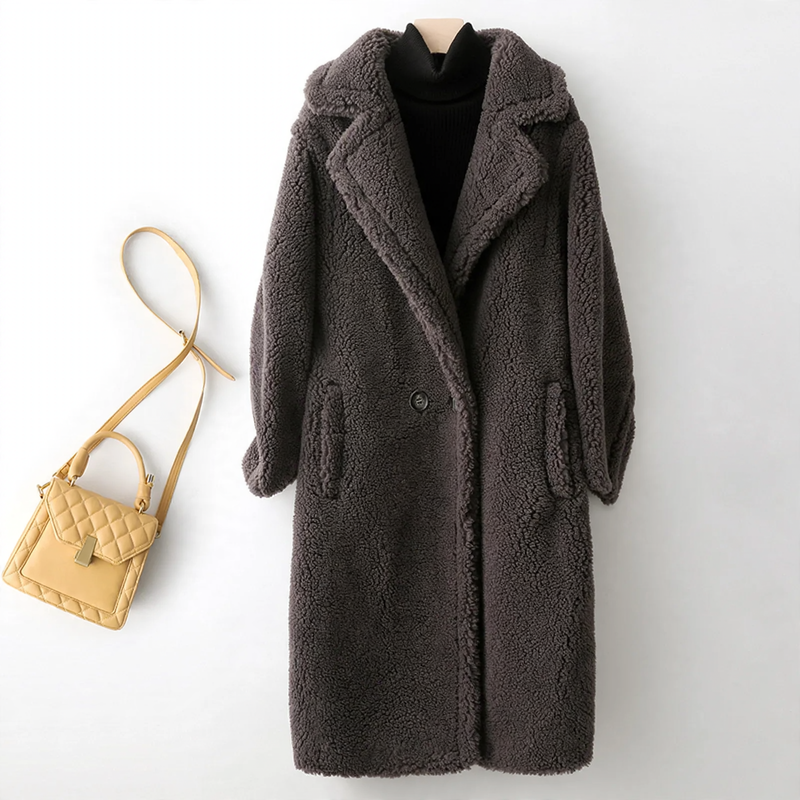 Long Teddy coat made of lambswool imitation for women