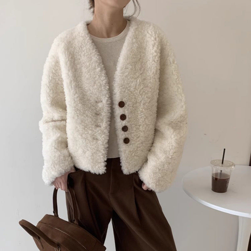 Women's short coat, lambskin look, V-neck