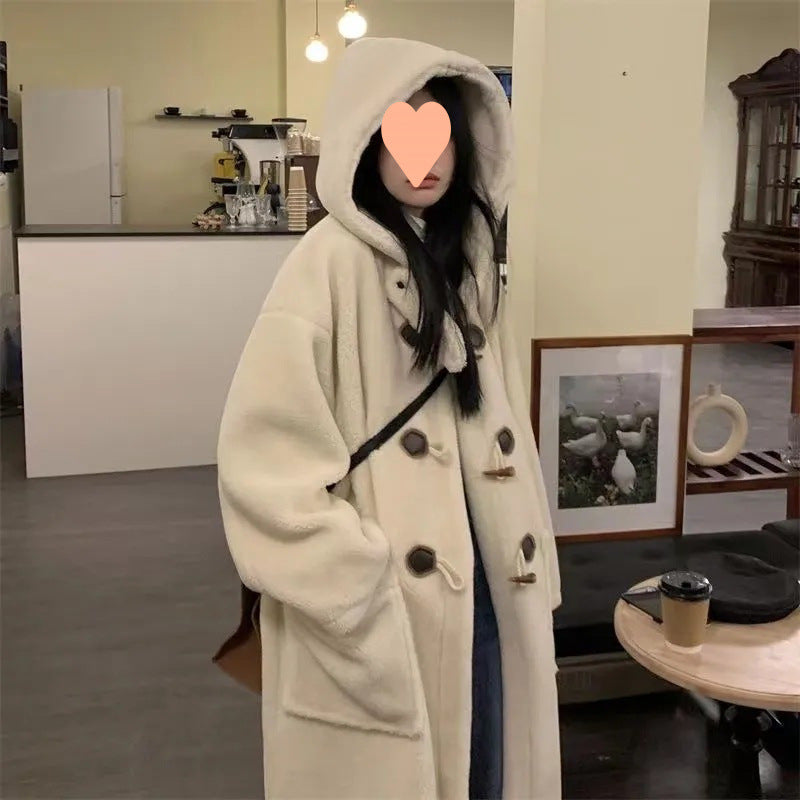 Lamb fleece coat, long, with toggle buttons and hood