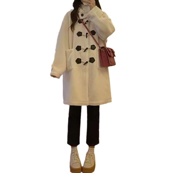 Ladies coat with lambskin imitation and toggle buttons