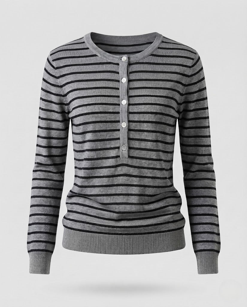Women's Striped Henley Fine Knit Sweater with Button Placket Mune Fashion