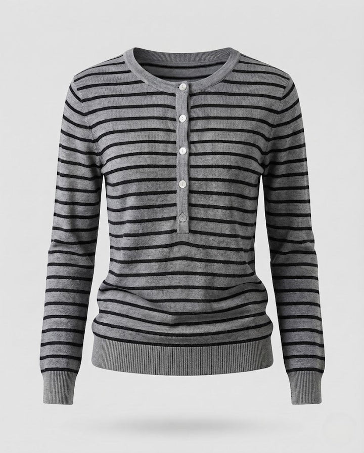 Women's Striped Henley Fine Knit Sweater with Button Placket Mune Fashion