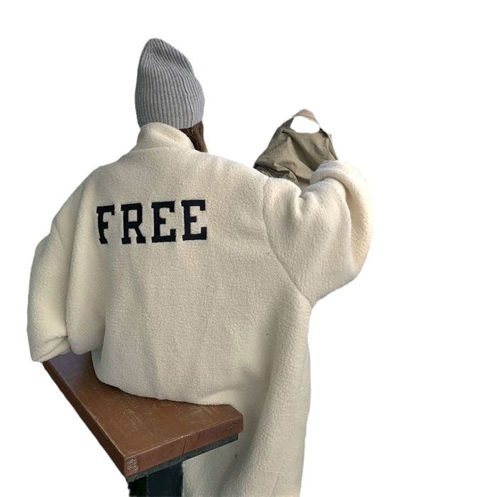 Long women's coat made of lamb fleece, stand-up collar, single-breasted