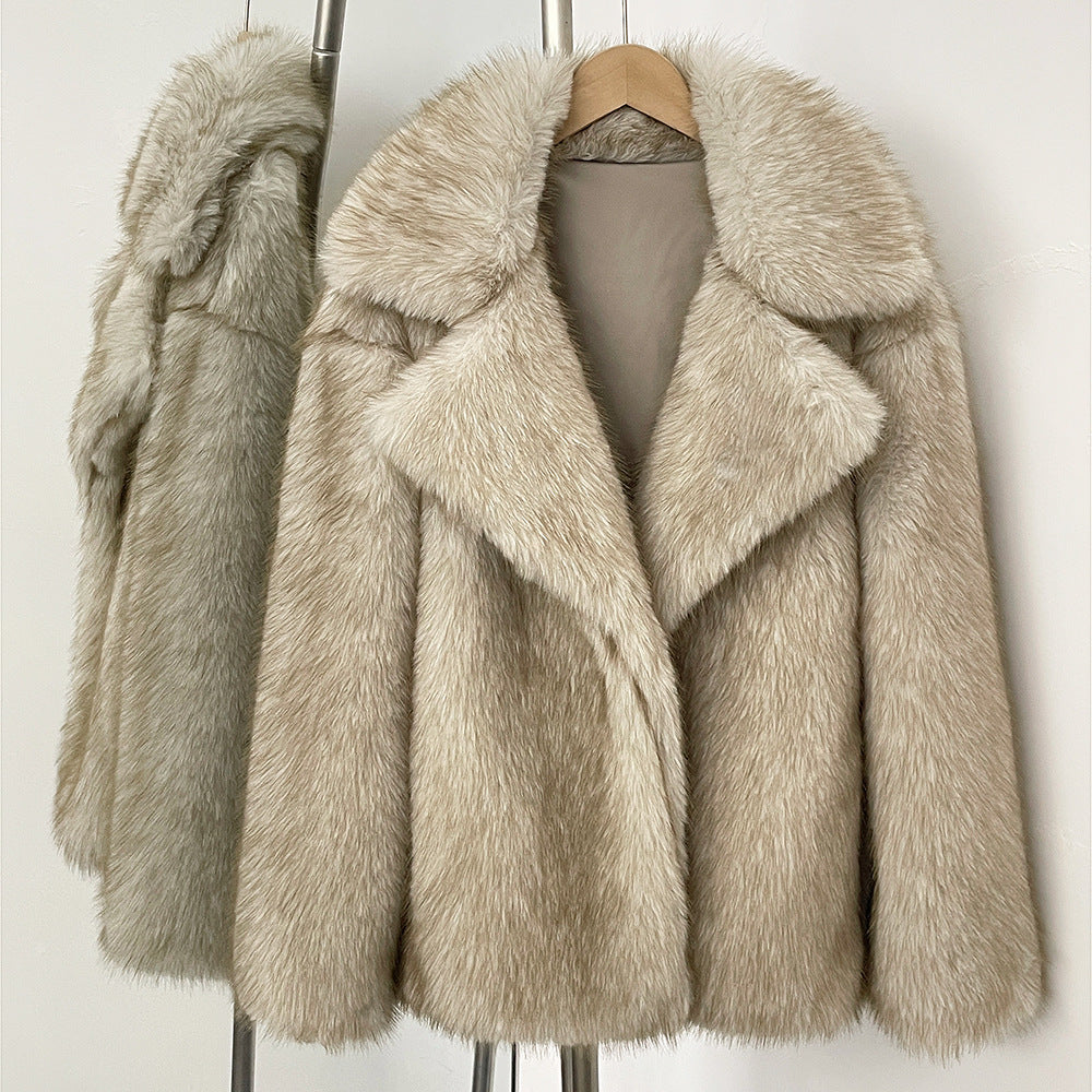 Women's Faux Fur Coat with Lapel Collar, Mid-Length