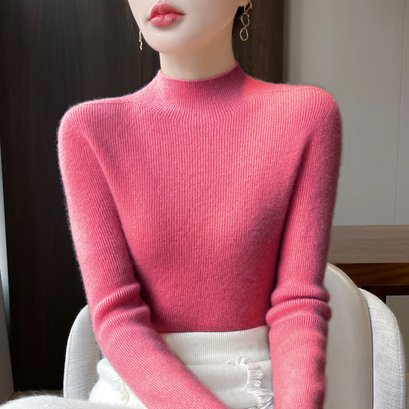 Women's knitted pullover with stand-up collar, fitted