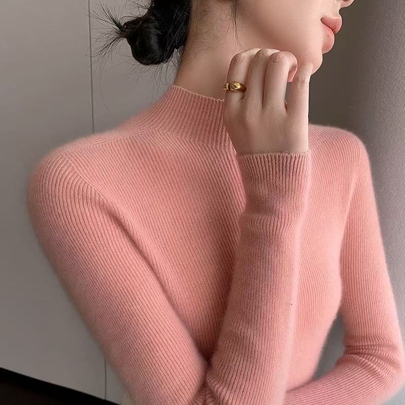 Women's Wool Knit Sweater, Stand-Up Collar, Slim Fit