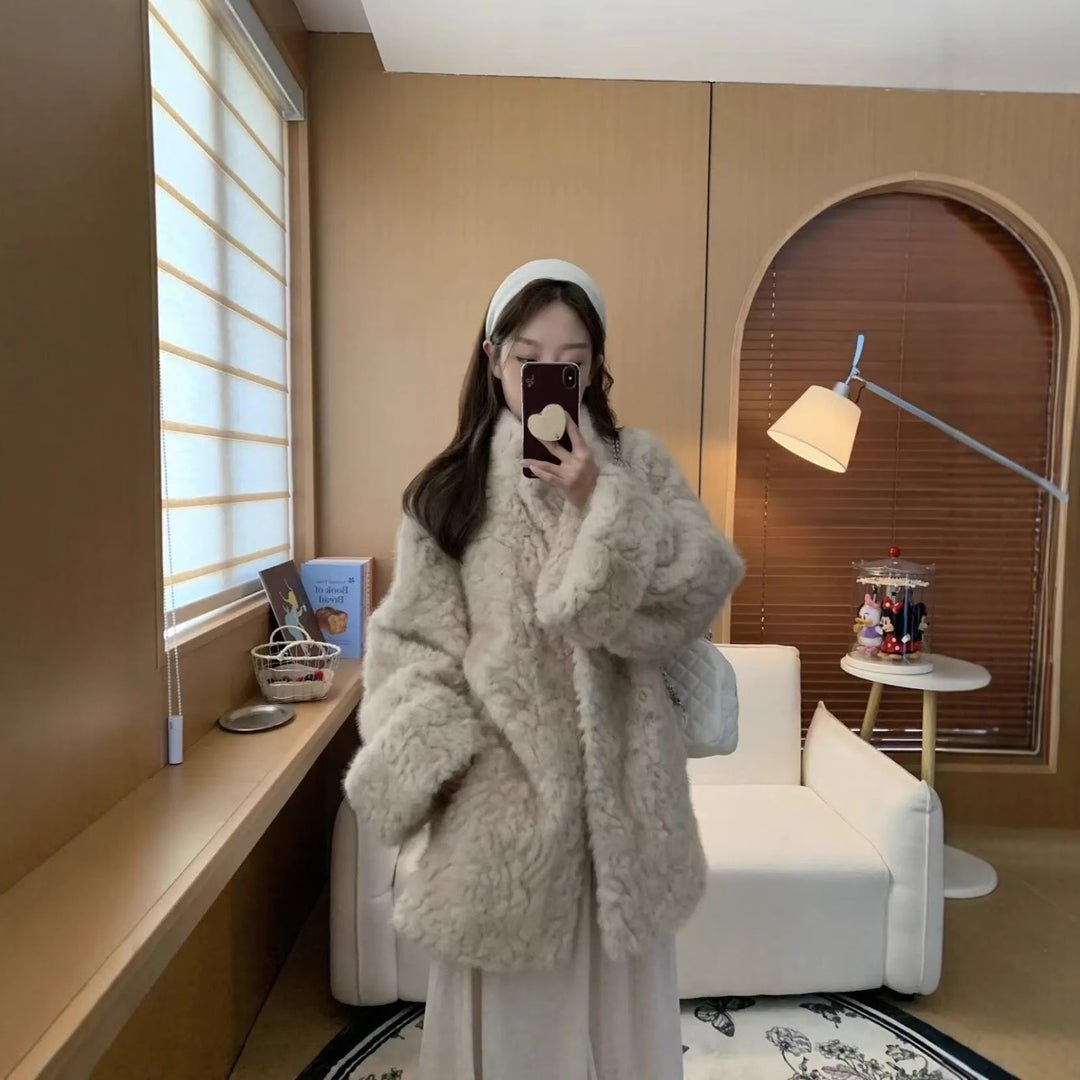 Women's coat in lambskin look with stand-up collar