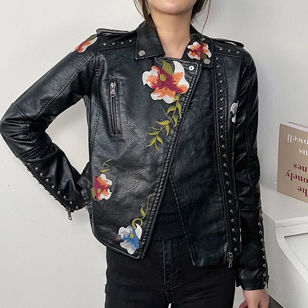 Mune | Women's leather jacket with stud accent and floral pattern