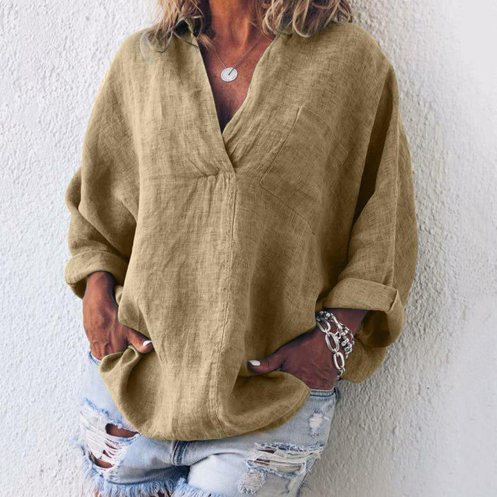 Women's Linen Tunic Oversize with V-Neck Breast Pocket and Roll-up Sleeves Mune Fashion