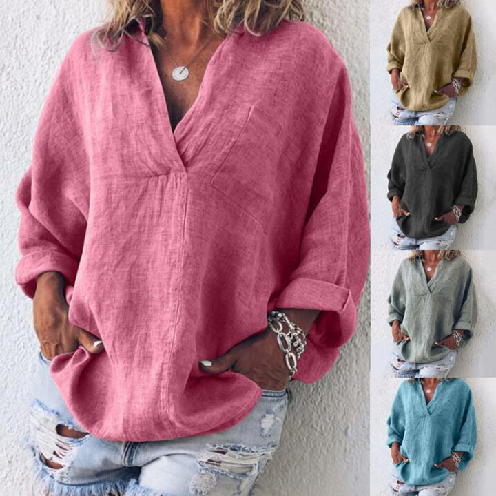 Women's Linen Tunic Oversize with V-Neck Breast Pocket and Roll-up Sleeves Mune Fashion