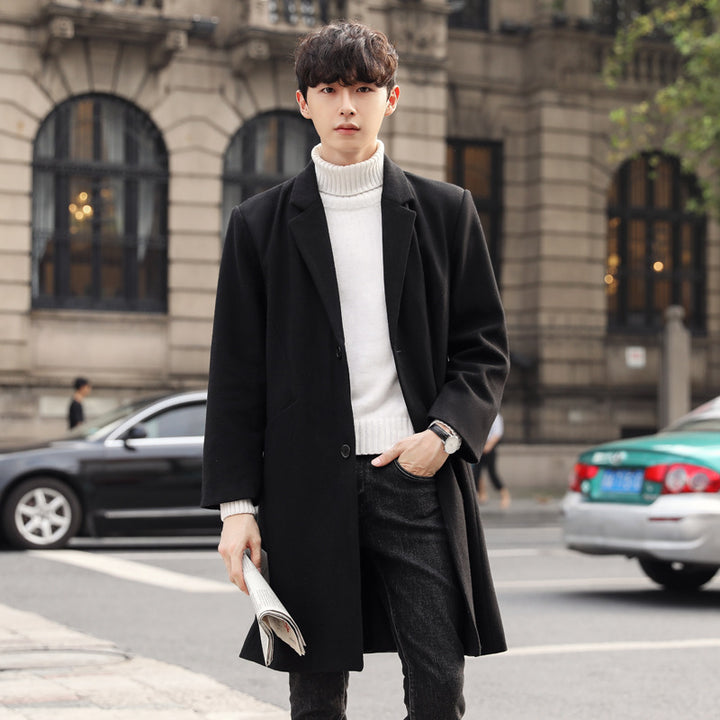 Men's Elegant Long Coat made of Wool Blend with Concealed Button Placket and Back Vent Mune Fashion