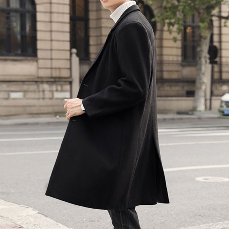 Men's Long Elegant Single-Breasted Wool Blend Coat with Classic Lapel Mune Fashion