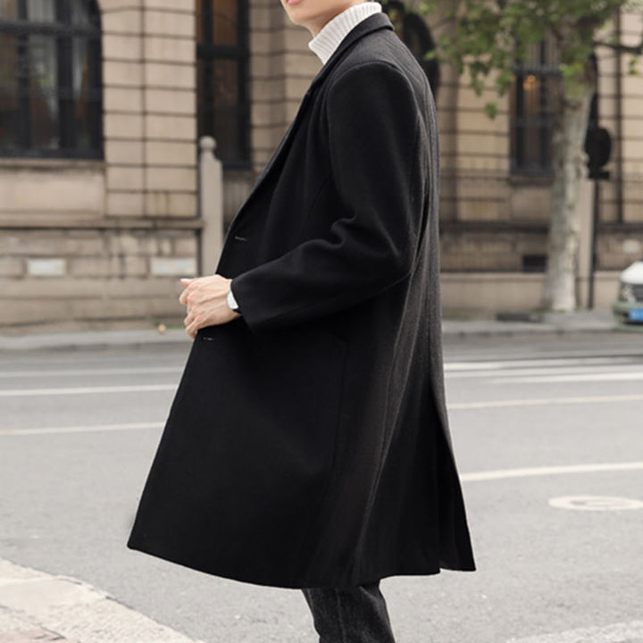Men's Long Elegant Single-Breasted Wool Blend Coat with Classic Lapel Mune Fashion