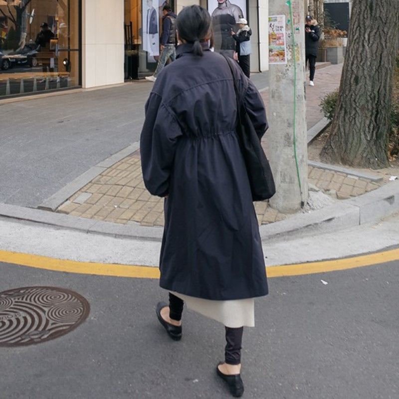 Women's Oversize Coat with Stand-up Collar, Drawstring Waist and Balloon Sleeves Mune Fashion
