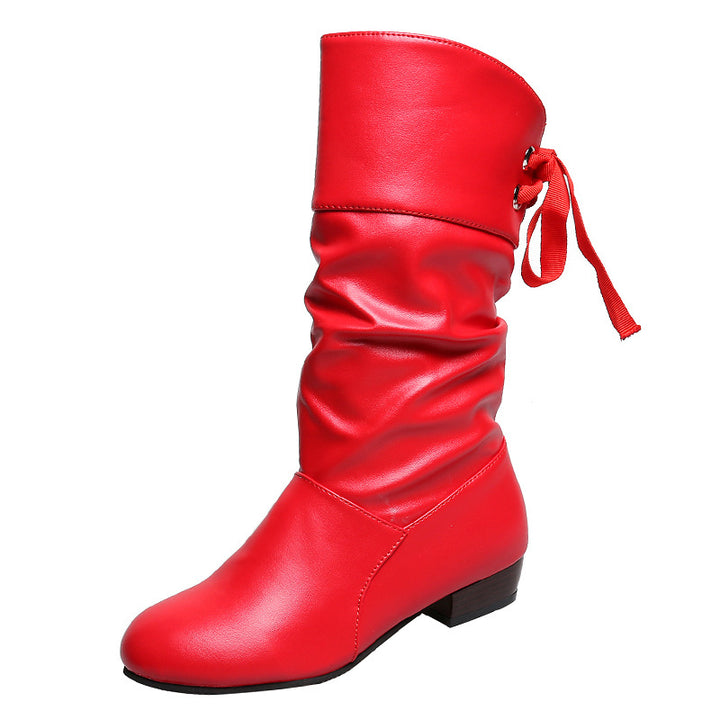 Women's knee-high boots with gathered shaft, satin bow, and low block heel Mune Fashion