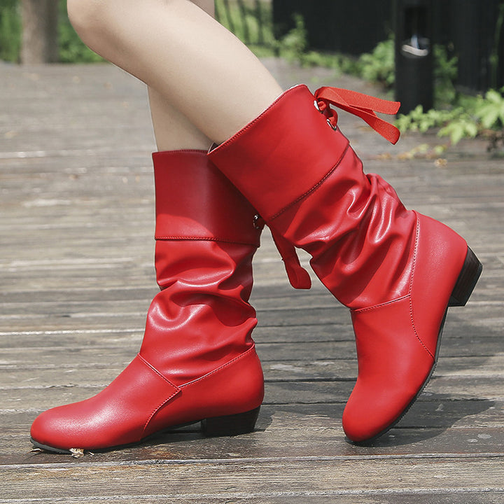 Women's knee-high boots with gathered shaft, satin bow, and low block heel Mune Fashion