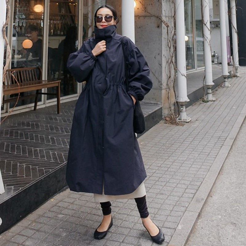 Women's Oversize Coat with Stand-up Collar, Drawstring Waist and Balloon Sleeves Mune Fashion