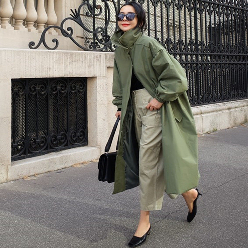 Women's Oversize Coat with Stand-up Collar, Drawstring Waist and Balloon Sleeves Mune Fashion