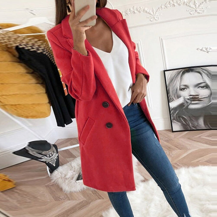 Women Longline Wool Blend Coat with Notched Collar, Double-Breasted Button Placket and Pockets Mune Fashion