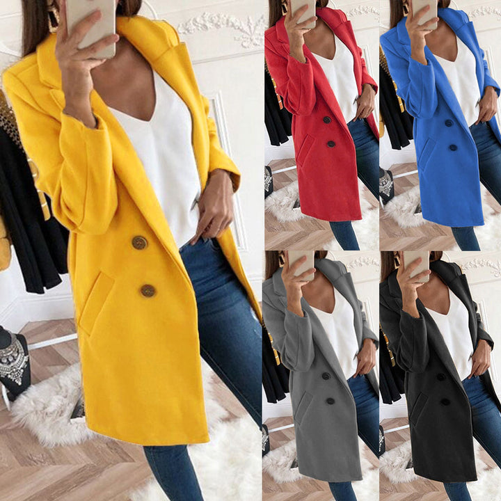 Women Longline Wool Blend Coat with Notched Collar, Double-Breasted Button Placket and Pockets Mune Fashion