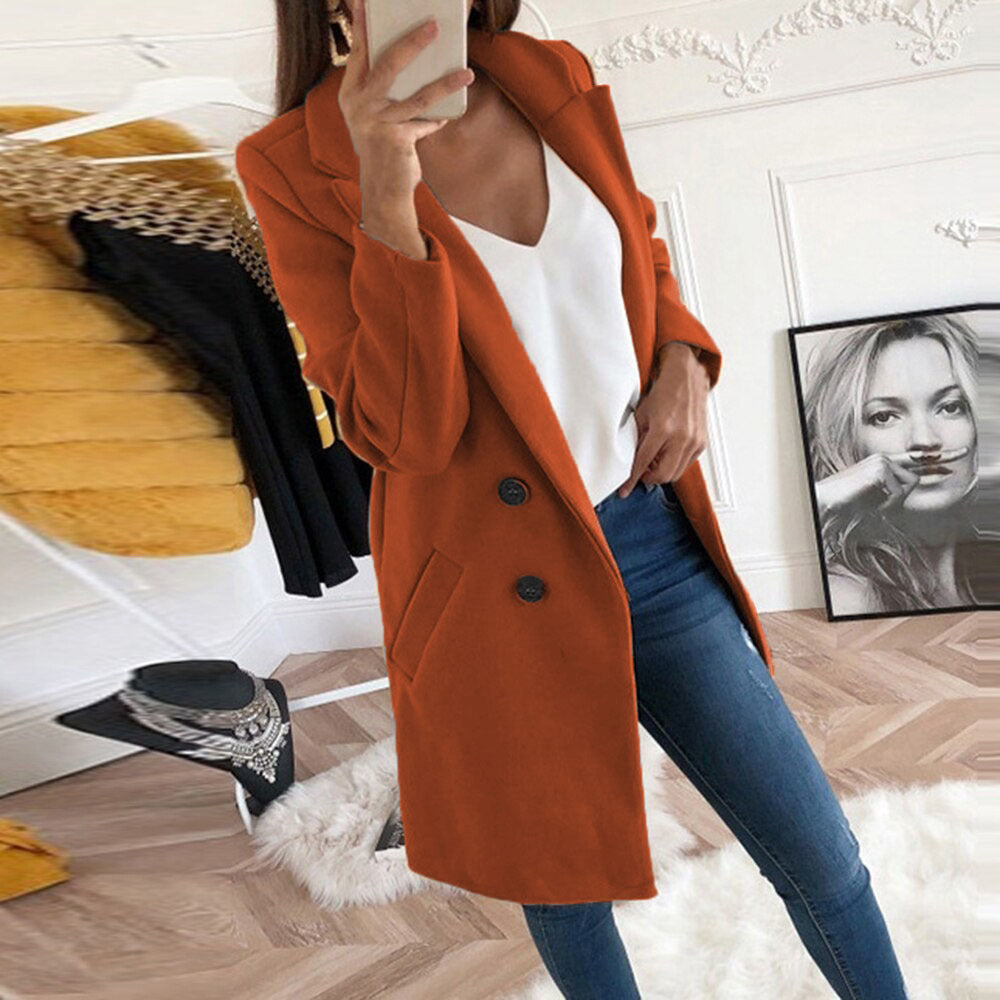 Women Longline Wool Blend Coat with Notched Collar, Double-Breasted Button Placket and Pockets Mune Fashion