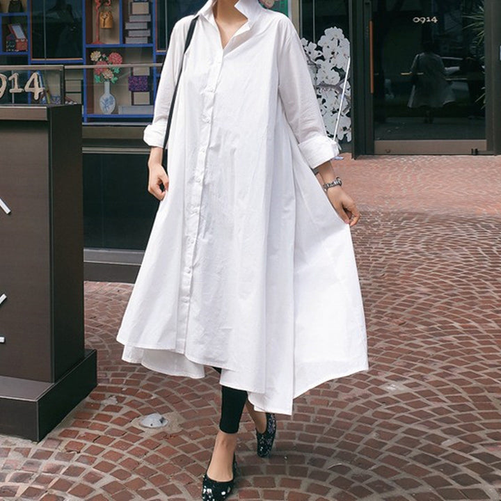Women Wide Shirt Blouse Maxi Dress with Asymmetric Hem and Boxy A-Line Silhouette Mune Fashion
