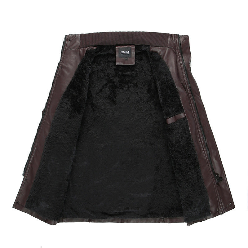 Men's leather jacket with teddy lining, waist belt, and stand-up collar Mune Fashion