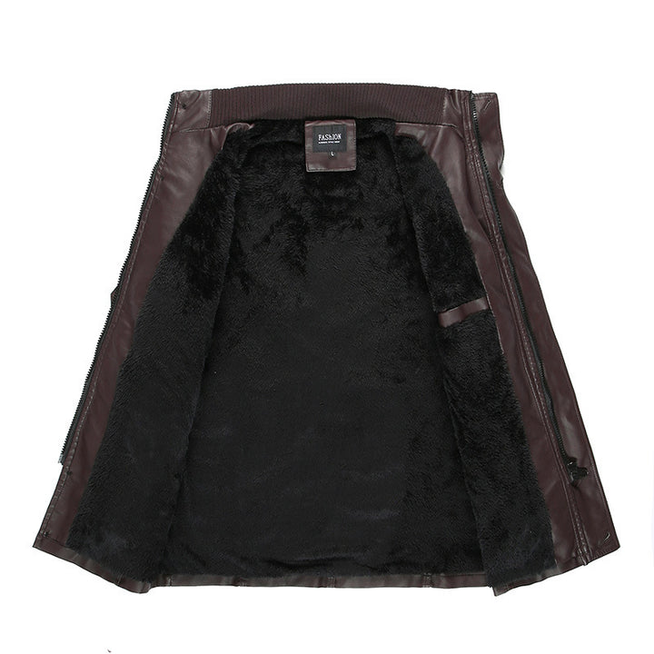 Men's leather jacket with teddy lining, waist belt, and stand-up collar Mune Fashion