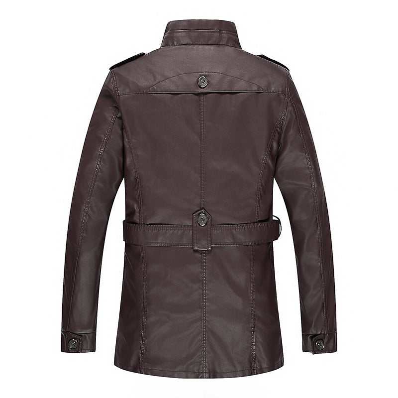 Men's leather jacket with teddy lining, waist belt, and stand-up collar Mune Fashion