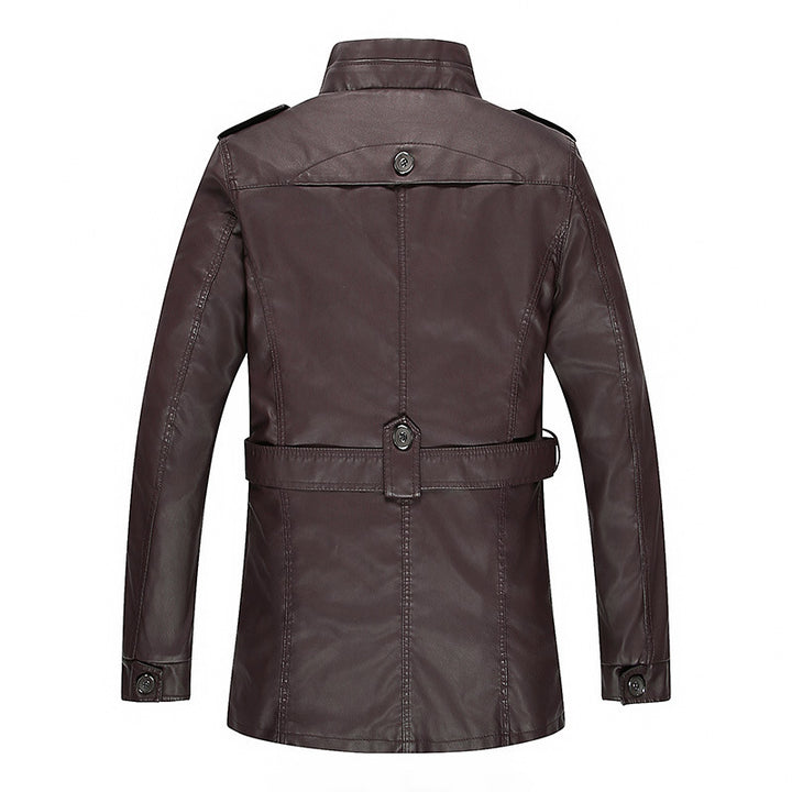Men's leather jacket with teddy lining, waist belt, and stand-up collar Mune Fashion